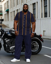 Men's Plus Size Business Purple Striped Short Sleeve Shirt Trousers Suit